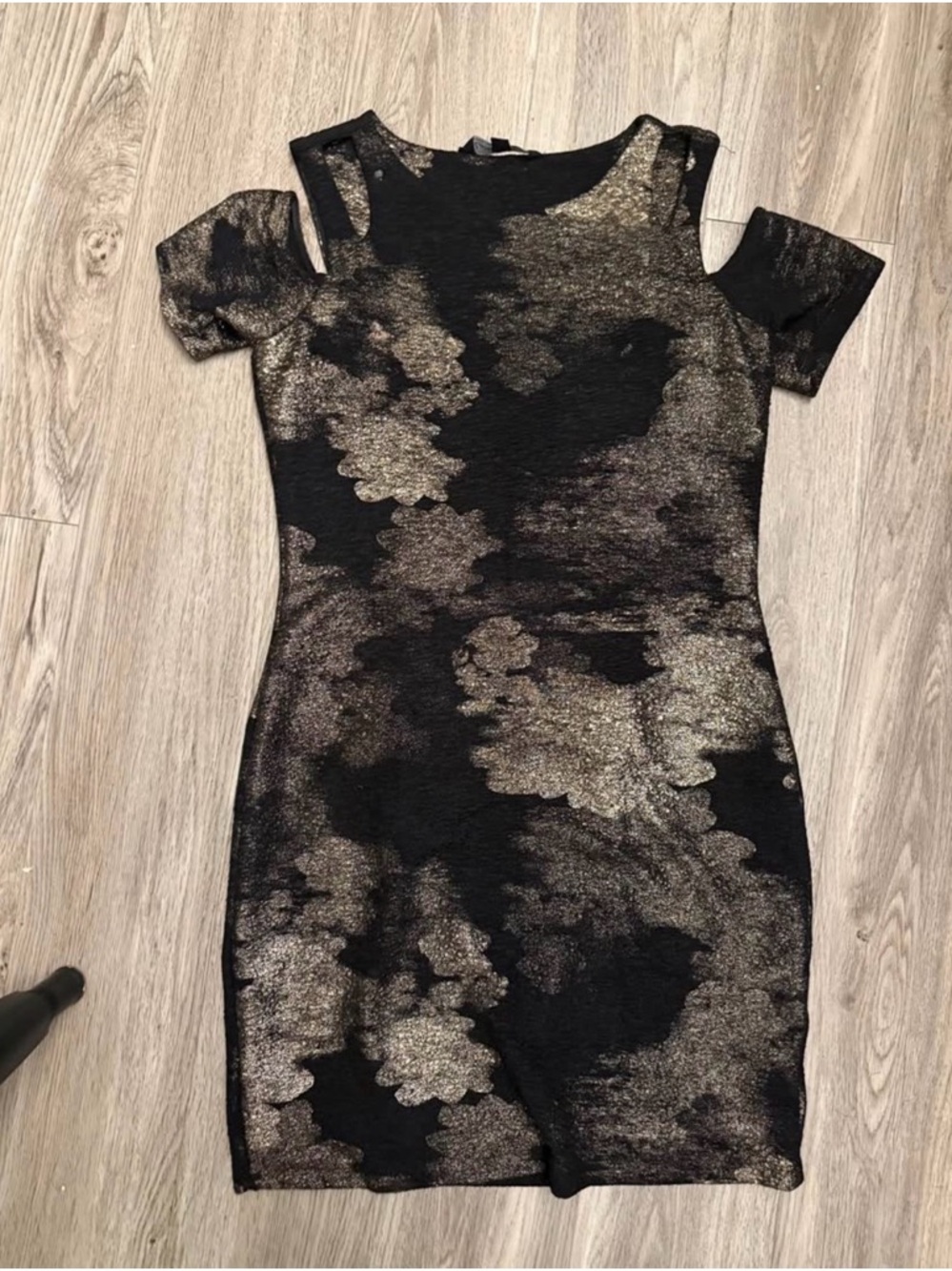 Black and Gold Cold-Shoulder Mini Dress